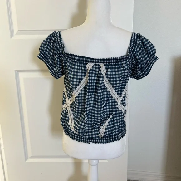 EUC Free People Blue Gingham Off-Shoulder Top Small / Medium - Picture 8 of 11